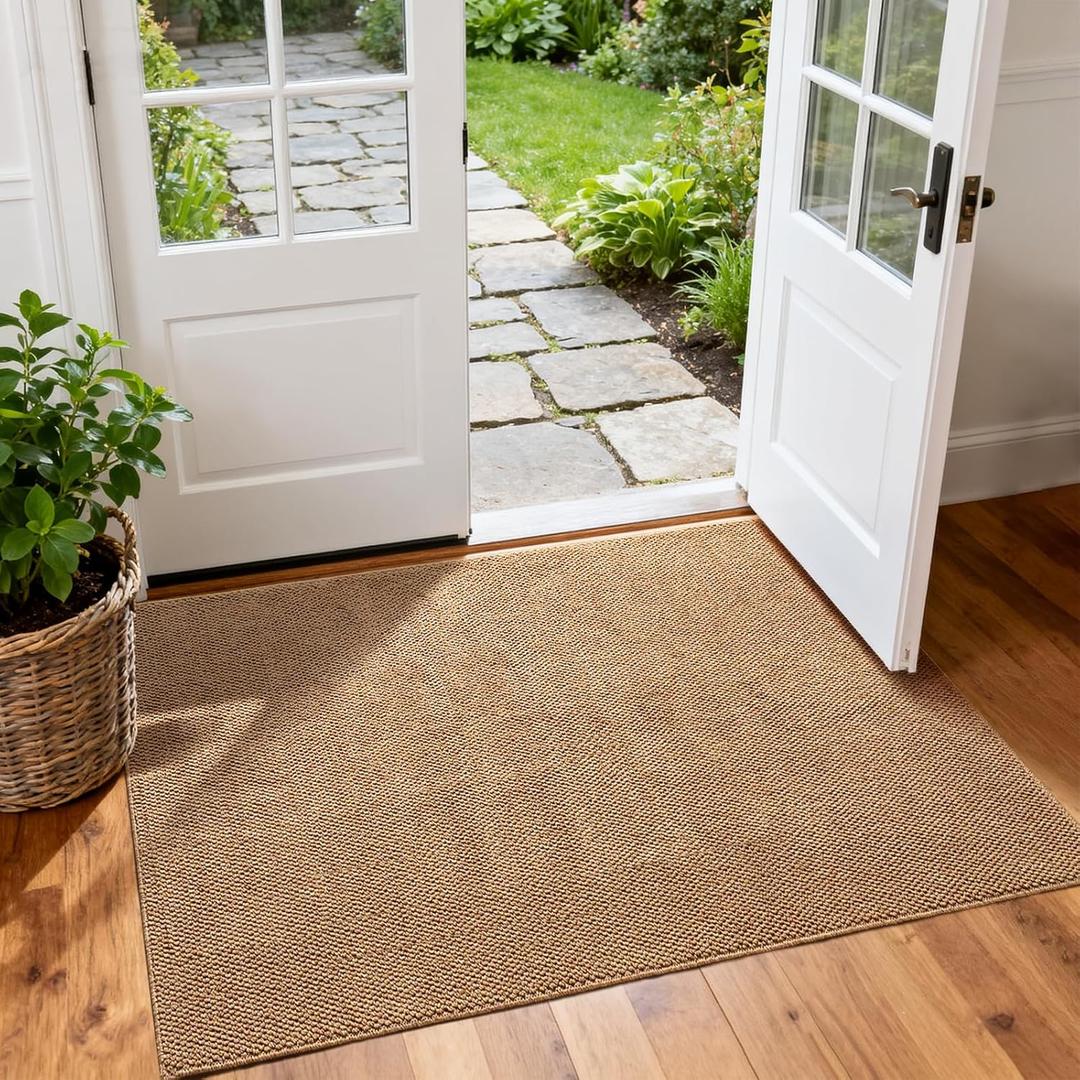 Softlife Faux Jute Washable Area Rug for Front Door Entryway, 3x5 Indoor Non Slip Small Mat for Kictchen Entry Bathroom, Small Solid Boho Natural Rugs for Inside Entrance Hallway, Brown