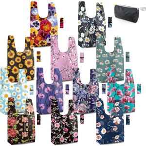 BeeGreen Large Flower Tote Bag - 12 Pack Heavy Duty Reusable Grocery Bags and Foldable Shopping Bags for Groceries, Cute Travel Reusable Gifts,Lightweight Washable Cloth Bag With Handles for Women
