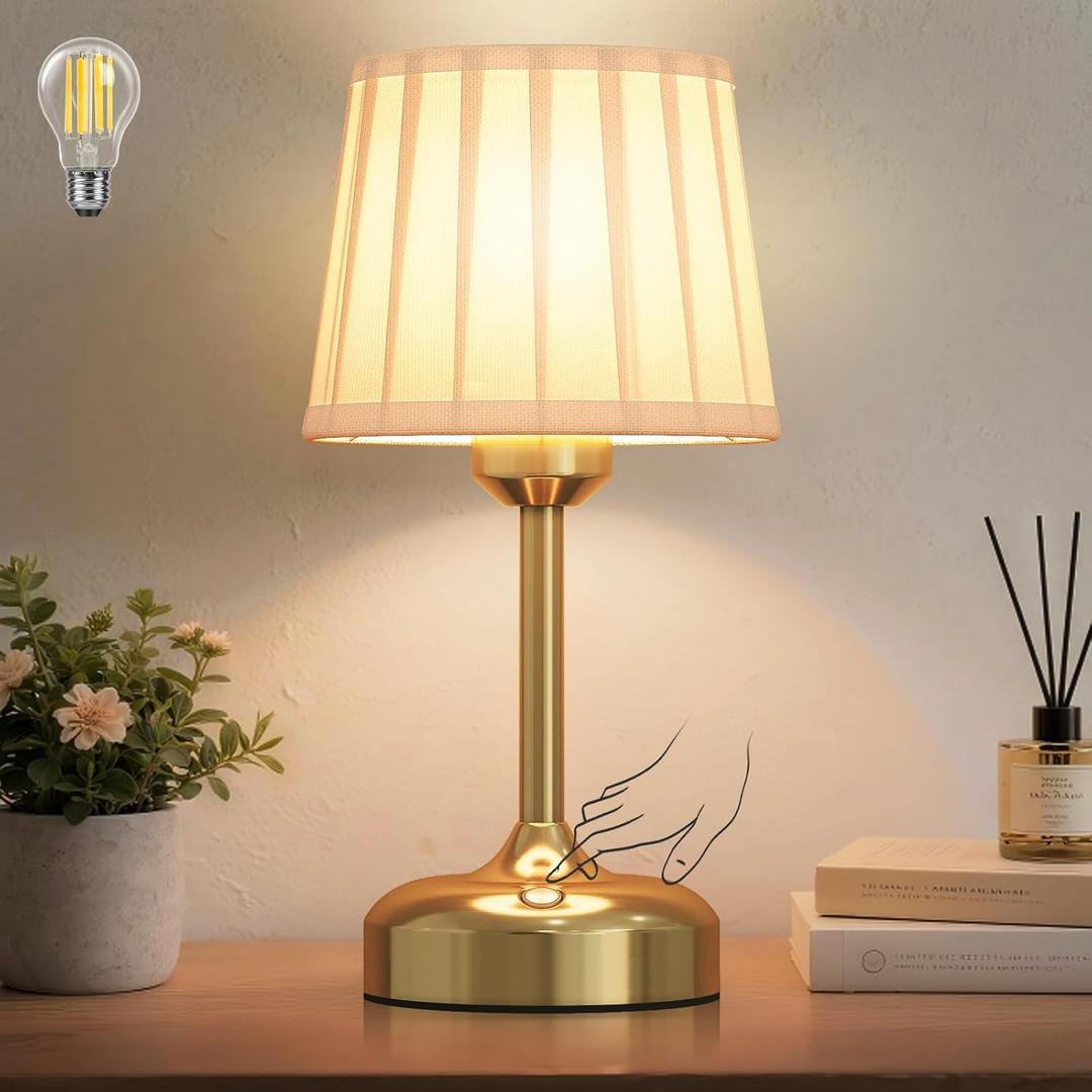 Mini Cordless Table Lamp, Small Table Lamp 5000mAh Rechargeable Table Lamp Battery Operated Touch Lamp Fabric Shade Stepless Dimmable Bedside Lamps for Bedroom, Living Room, Dining Room