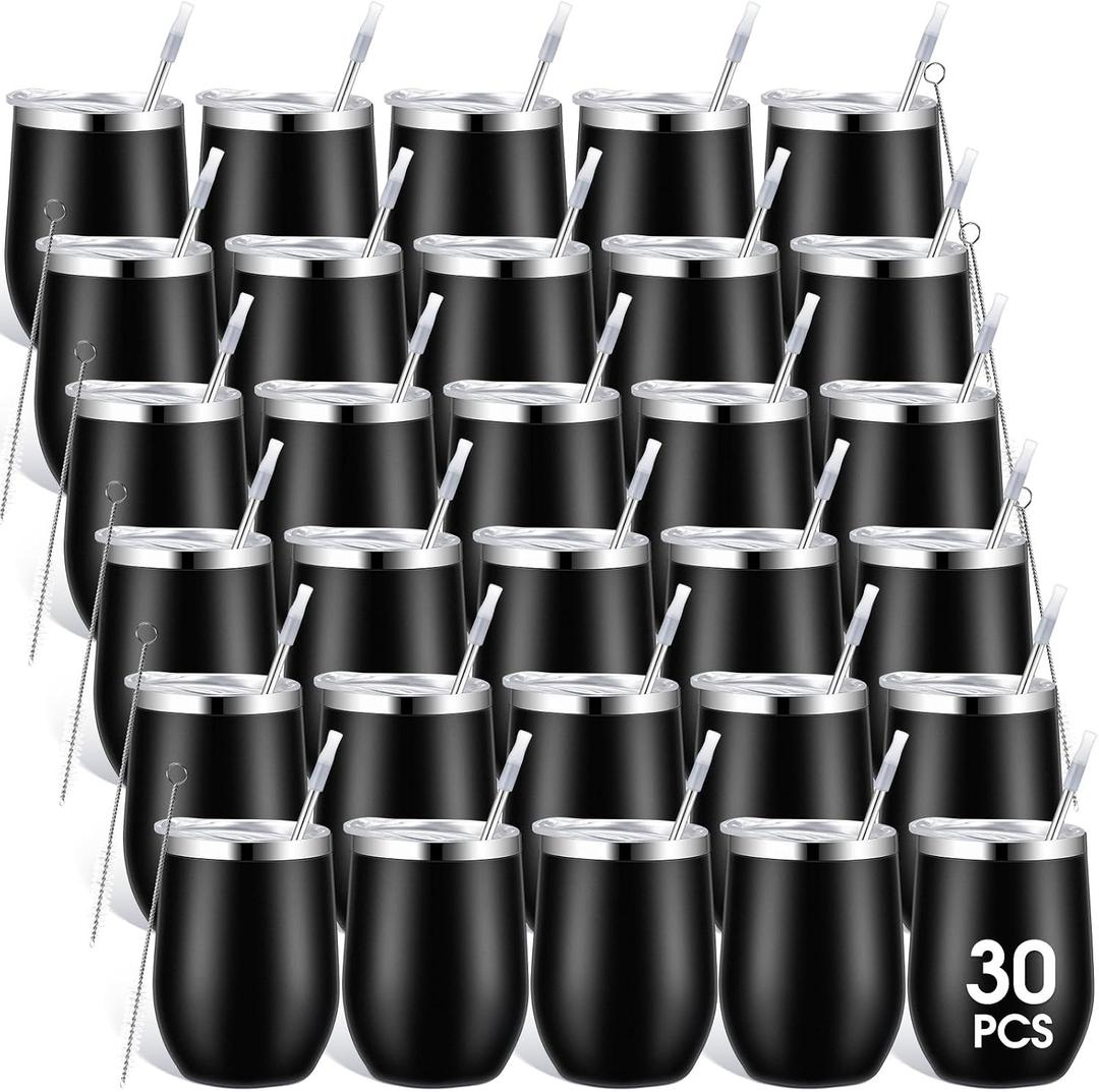 Inbagi 30 Pack 12 oz Stainless Steel Tumblers Bulk with Lids and Straws, Double Wall Insulated Wine Tumblers for Wedding Party Favors, Bridal Shower, Birthday Event Gifts (Black)