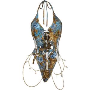 Floerns Women's Gothic Cut Out Lace Up Bodysuit Going Out Halter Neck Rave Body Suits Blue Medium