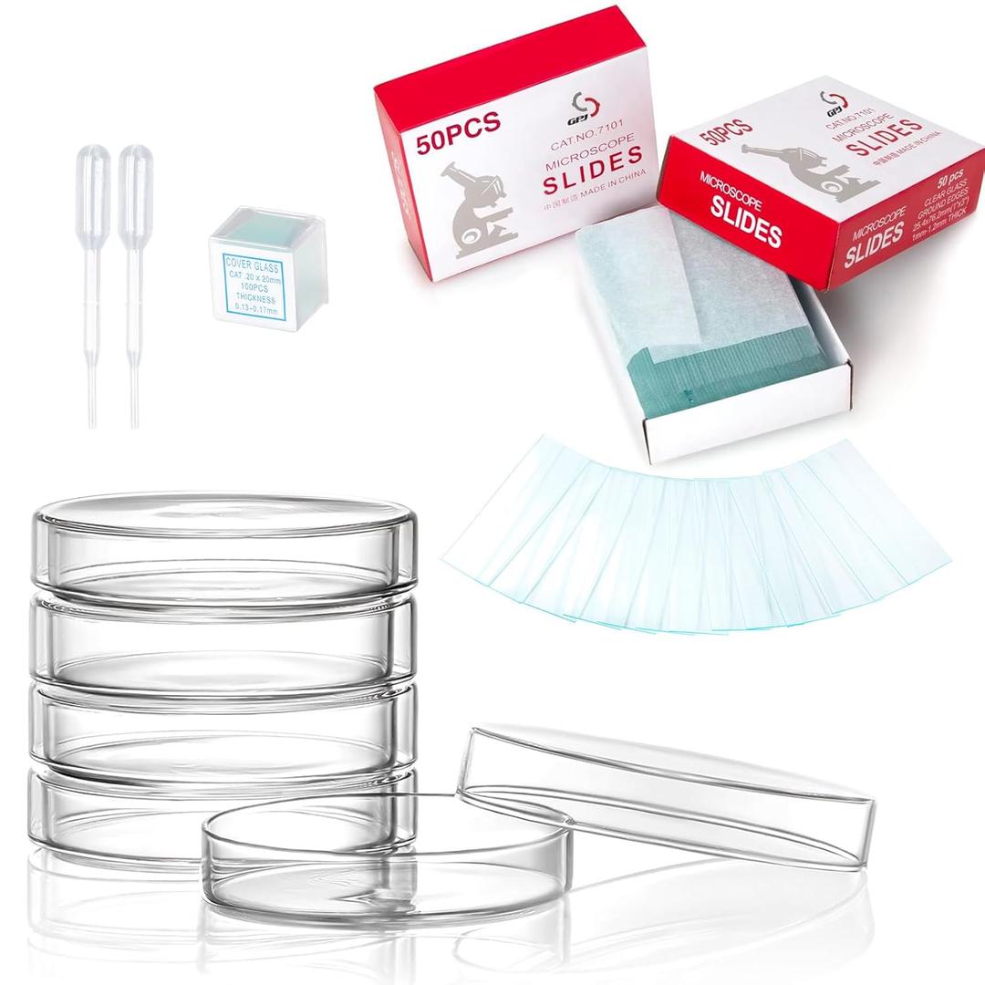 Sterile Plastic Petri Dishes Set, 50 Pcs Blank Microscope Slides, 100 Pcs 20x20mm Square Cover Glass, 5 Pcs 90mm Diax15mm Deep Lab Petri Plate Dish with Lid and 10 Test Pipette Droppers