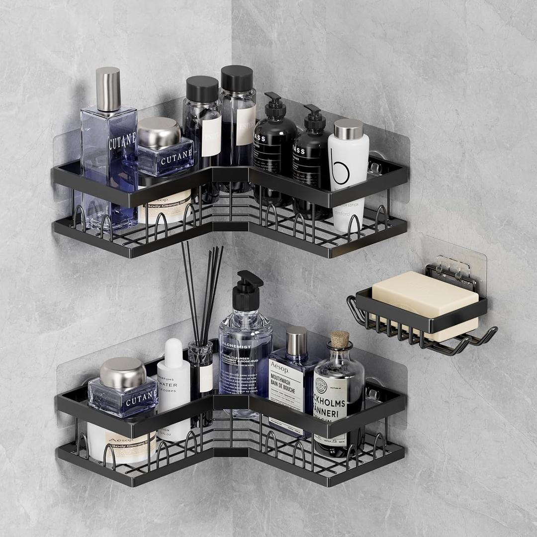 Corner Shower Caddy 3 Pack, Wall Mounted Stainless Steel Bathroom Organizer Shelf with Soap Dish, Adhesive No Drilling, Towel Hooks, Black