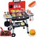Kids Play Kitchen Toys, Kids BBQ Grill Playset with Smoke Sound Light, 2-Layer Barbecue Toy with Wheel, Outdoor Play Grill Toys for Toddlers 3-5, Play Food Toys Cooking Set, Birthday Gift for Boy Girl (Black and Red)