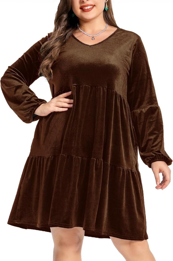 Women's Velvet Dress Long Sleeve Loose Flowy Swing Tunic Velvet Dress Plus Size Dress with Pocket (Brown, XL)