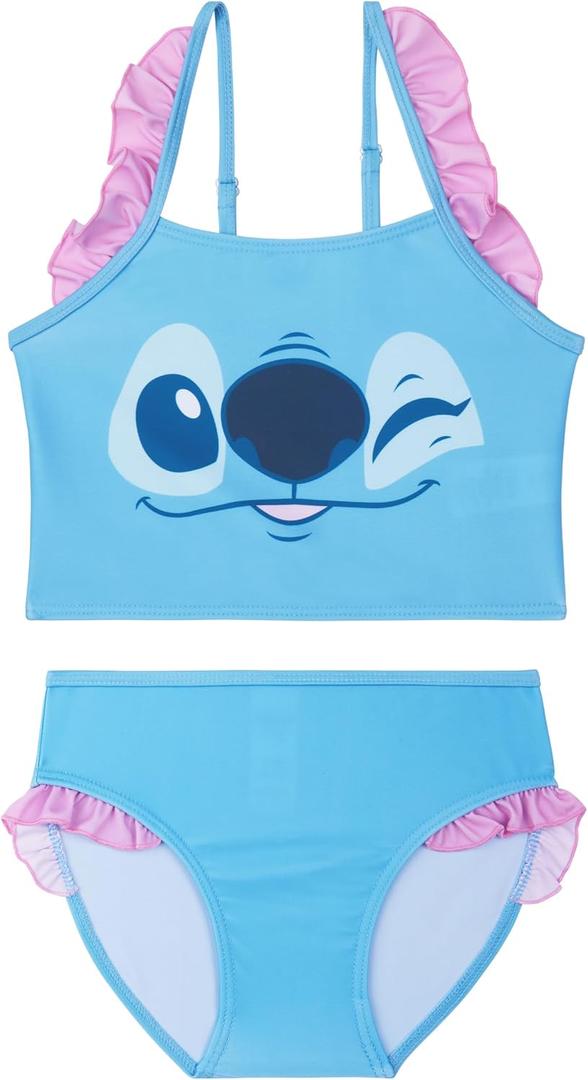 Disney Stitch Girls Bikini, Two Piece Swimsuit with Adjustable Straps, Bathing Suit, Swimwear, Ages 5-14 (11-12 Years, Blue/Pink Stitch)