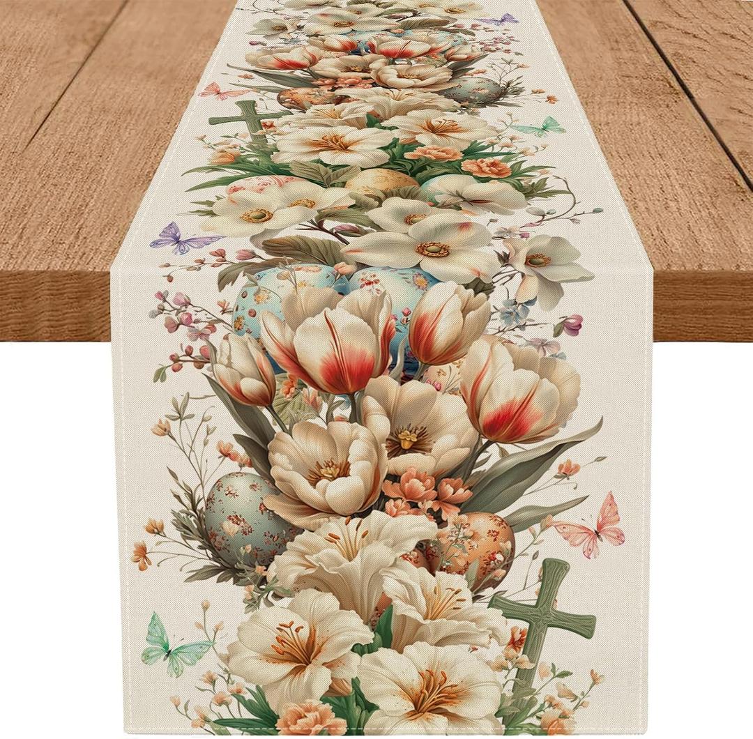 Easter Table Runner Butterfly Flowers Eggs Runners Table Decorations Holiday Spring Kitchen Dining Home Party Supply 13x72 Inch