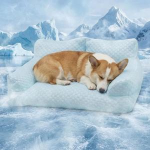 Cooling Dog Bed Cat Bed for Small Medium Large Dogs & Cats, Washable Pet Sofa Bed with 5D Breathable Fabric, Orthopedic Calming Bolster Bed, High-Resilience PP Cotton, Blue, 27.6"x19.7"x9.8"