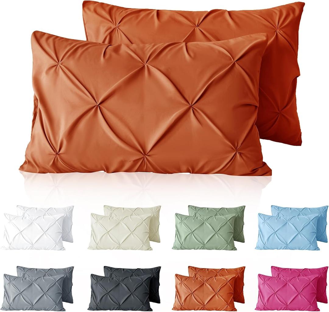 VACVELT Pintuck Pillow Cases Queen Size Set of 2, Burnt Orange Pillow Shams Decorative Pillowcases with Envelope Closure, Pinch Pleated Microfiber Pillowcases, Wrinkle and Stain Resistant
