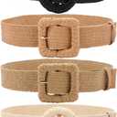 WILLBOND 4 Pcs Women's Elastic Raffia Woven Belt, Boho Rattan Buckle Stretch Straw Wide Waist Belt for Dresses Jeans Pants