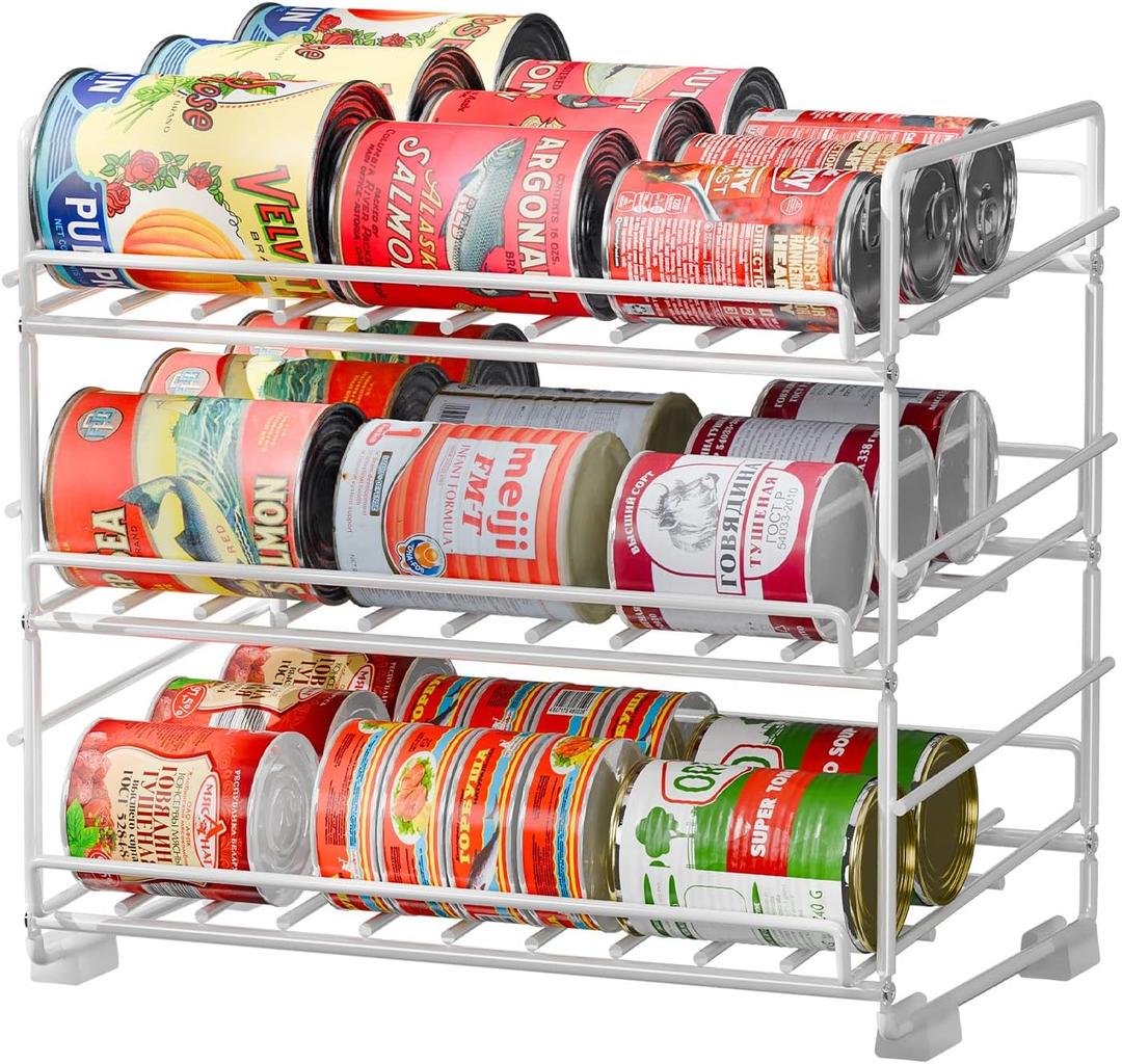 SUFAUY 3 Tier Can Organizer for Pantry, Holds 36 Cans, Heavy Duty Metal, White (12.5"D x 16.5"W x 14"H)