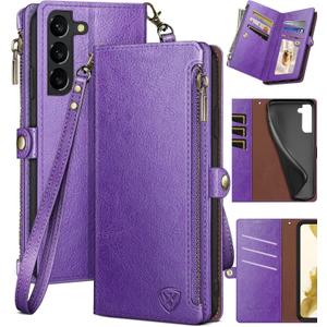 XcaseBar for Samsung Galaxy S22 Plus Wallet case with Zipper Credit Card HolderRFID Blocking, Flip Folio Book PU Leather Phone case Shockproof Cover Women Men for S22 Plus case Purple