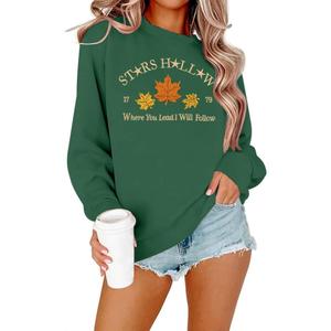 MYHALF Crewneck Sweatshirt for Women Fall Leaf Graphic Sweatshirts Vacation Long Sleeve Drop Shoulder Pullover (Large, Green)
