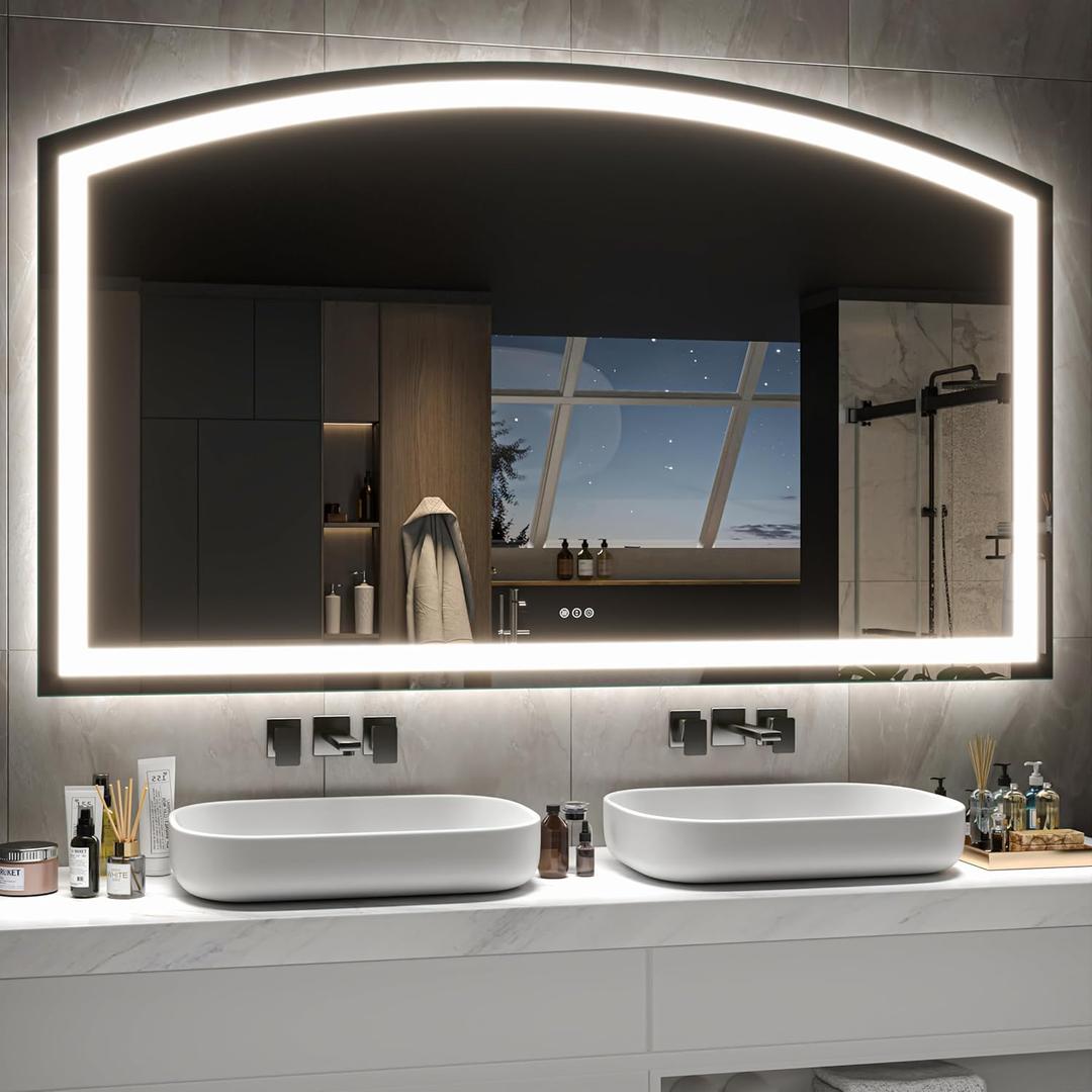 Hasipu 60 x 36" Arch LED Bathroom Mirror, Frontlit Wall-Mounted Vanity Mirror with Lights, Defogging, Smart Touch, Dimmable 3 Color Modes, Safety Shatterproof Glass Coating