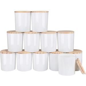 SHOWIN Thick Candle Jars for Making Candles 11 Pcs, 14 OZ Empty Jars with Wood Lids for Candle Making, Sample Container, Glossy White