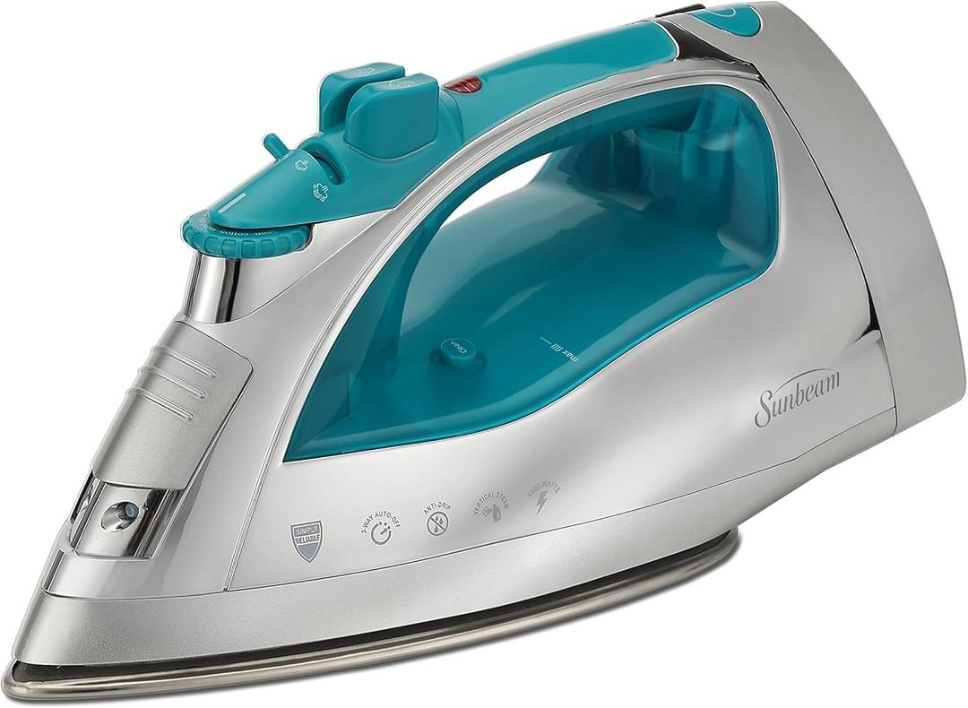 Sunbeam Turbo Steam Iron, 1700 Watt, Nonstick Ceramic Soleplate, Horizontal or Vertical Shot of Steam, Quick Heating, 3-Way Auto-Off, White and Chrome (Chrome/Teal) (One Size)