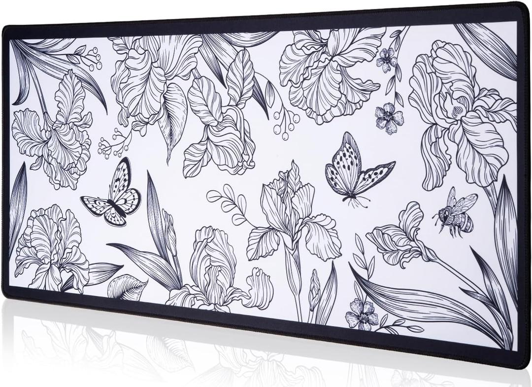 Black Large Extended Mouse Pad, Beautiful Flowers Plants, Waterproof Mouse Mat for Home and Office, Gaming Mousepad Laptop Keyboard Mat with Non-Slip Base, Stitched Edges (31.5"x11.8"x0.12")