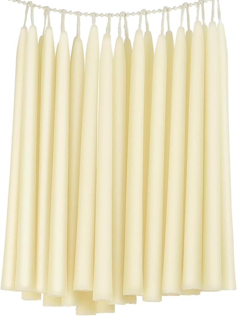 24 Pack Organic Beeswax Taper Candles in Bulk 12 inch Tall Candle - Dripless Natural Beeswax Candle, 9+ Hours Long Burning Time - Off White