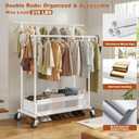 Clothes Rack 210 LBS Double Rods Extra Storage Basket | Rustproof Coated Steel, Anti-bending Design, 360 Sturdy Wheels, 10-Min Tool-Free Assembly, Metal Garment Rack for Home