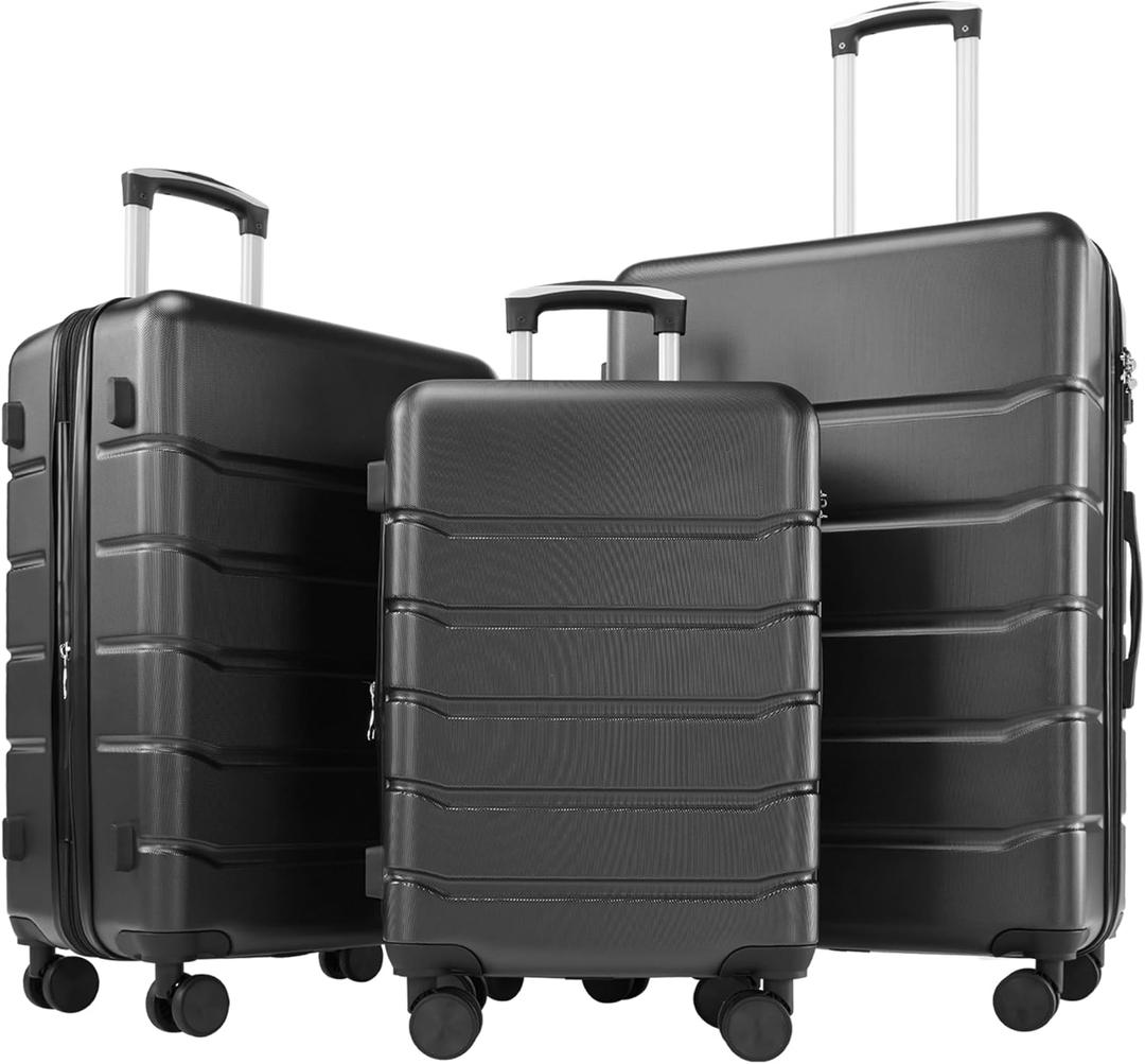 OLIXIS 3-Piece Luggage Set, 20/24/28 Inch Hardside Suitcases with Spinner Wheels, Lightweight ABS Hard Shell Travel Luggage, TSA Approved Lock, Expandable Carry-On & Checked LuggageBlack