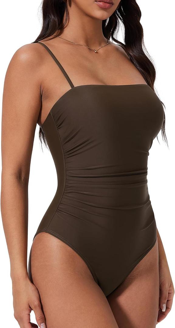 SUUKSESS Women Sexy One Piece Swimsuit Tummy Control Square Neck Bathing Suit (Medium, 154 Dark Brown)