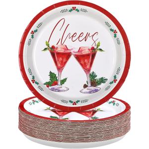 50 Pcs Winter Cheers Cocktail Plates 9" Red Green Cheers Cocktail Paper Plates Disposable Heavy Duty Merry Christmas Martini Platters for Winter Holiday Xmas Dinner Bachelorette Party Decorations