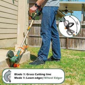 String Trimmer Cordless,(21V 2 x 6.0ABattery & Charger), 4-in-1 Grass Trimmer/Wheel Edger/Mini-Mower/Brush Cutter, with 90° Adjustable Head