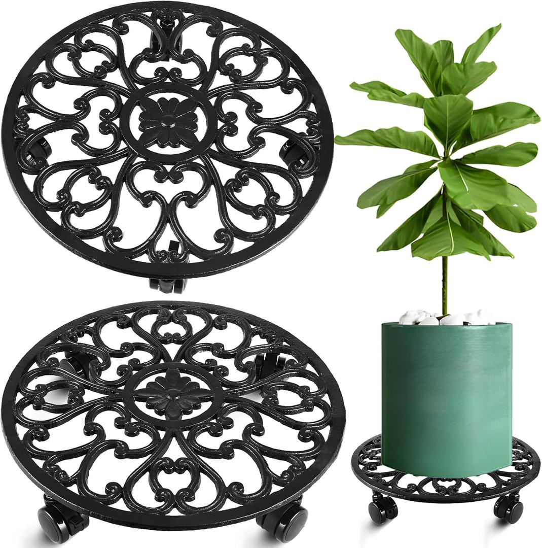 2 Packs 14 Inch Rolling Plant Stand with Wheels Metal Plant Caddy with Wheels Heavy Duty Round Plant Stand Indoor Iron Plants Rollers for Plants, Plant Dolly Planter Caddies