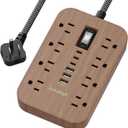 Walnut Power Strip with USB Ports - 5 FT Wood Power Strip, 1625W Decorative Extension Cord with 6 AC Outlet 3 USB, for Brown Tan Wood Walnut Grain Aesthetic Vintage Rustic Desk Accessories Decor
