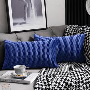 12x20 Blue Throw Pillow Covers: 2 Pack Original Striped Velvet Rectangular Decorative Pillow Cases for Farmhouse Couch