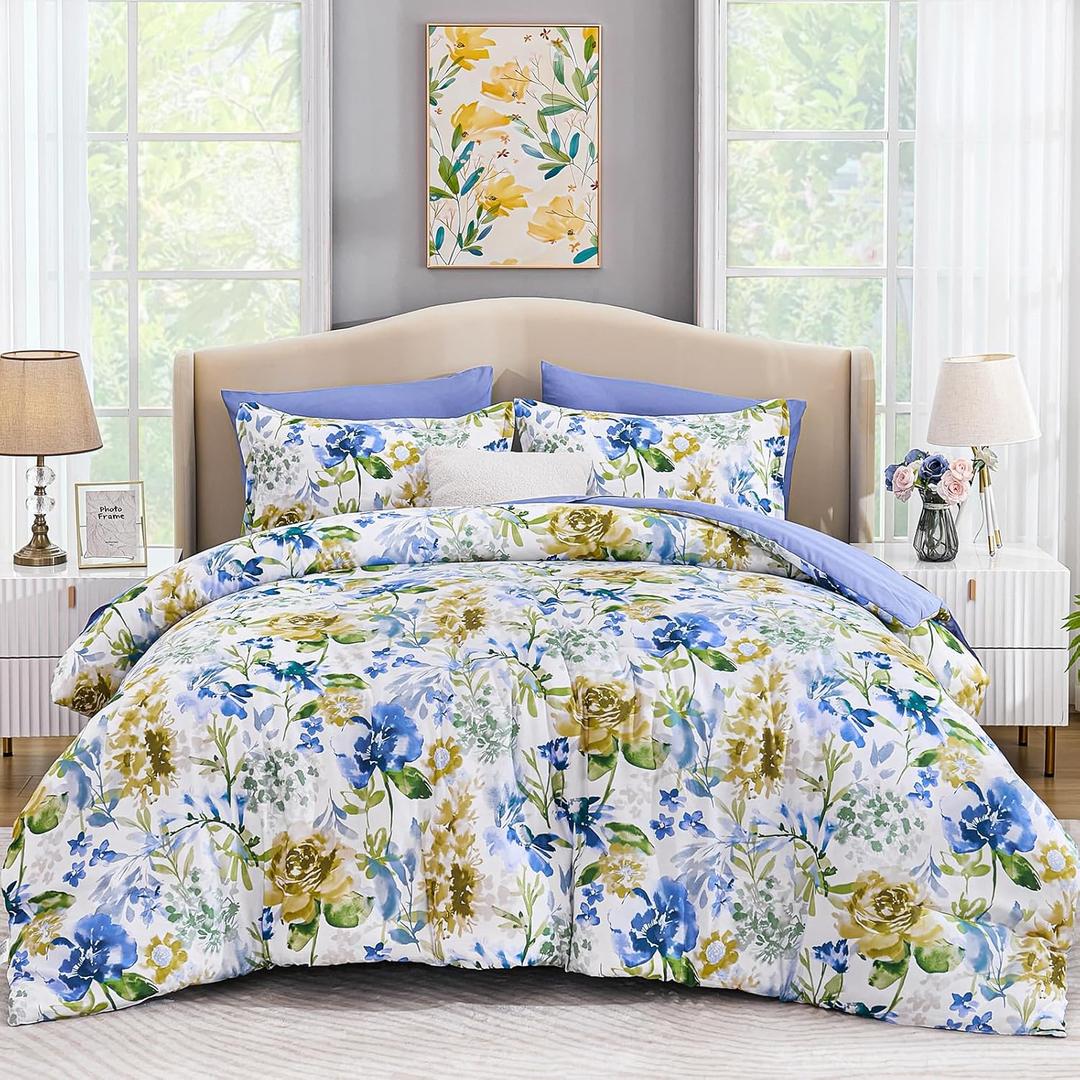 Luxudecor Floral Comforter Set Queen Size 7 Pieces Bed in a Bag, Blue Flower Watercolor Bed Set, Soft Comforter with Sheet Set 90"x90"