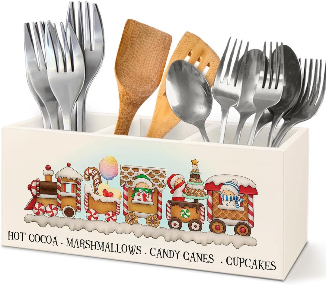 WHCHJ Christmas Gingerbread Train Kitchen Utensils Holder, Xmas Marshmallow Candy Cane Cupcake Wooden Utensil Organizer for Kitchen Decorations, Cute Christmas Desk Storage Organizer