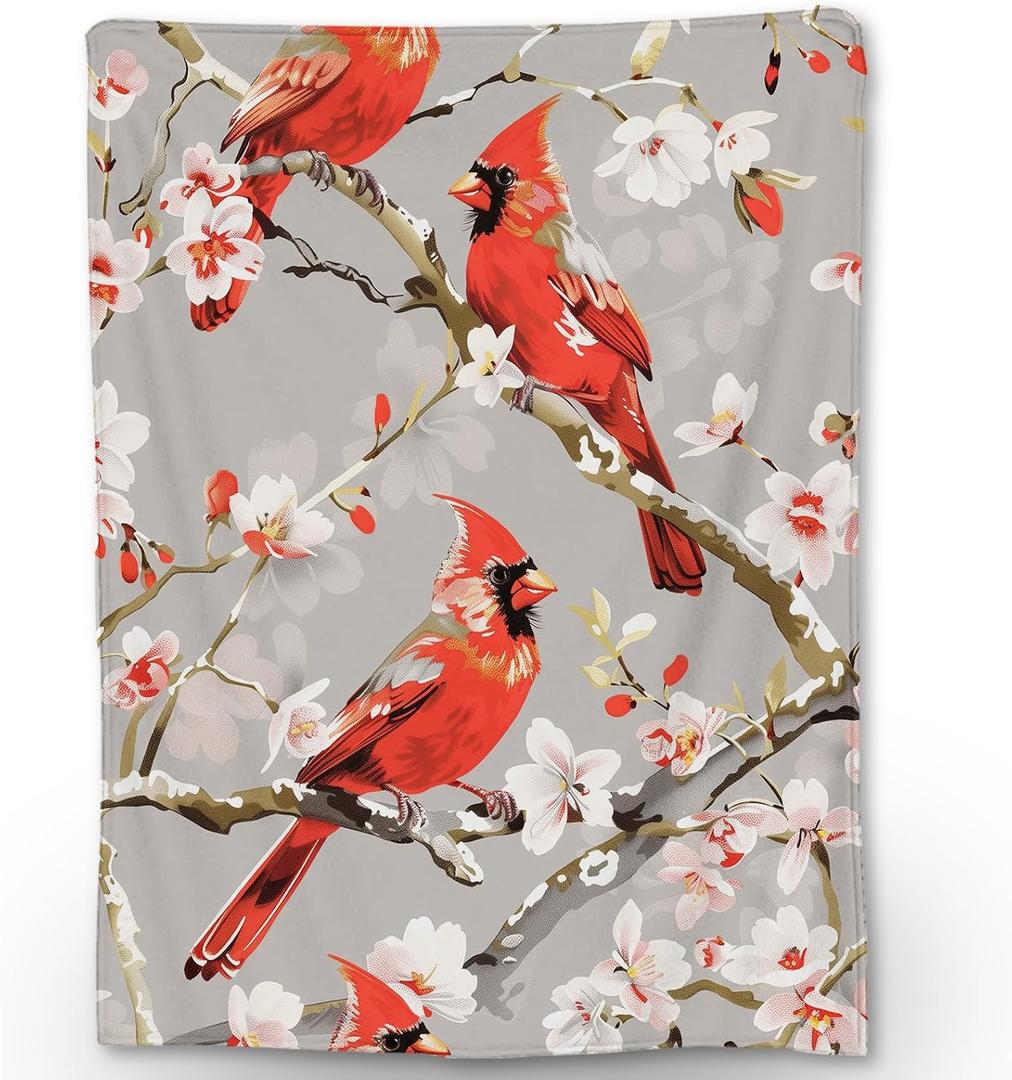 Vibrant Cardinal and Blossom Blanket - Soft, Cozy, Lightweight, and Fuzzy Flannel Throw - Ideal for Couch, Bed, Travel, and Outdoor Use - Fluffy Home Decor with Stunning Bird Design 80"x60"