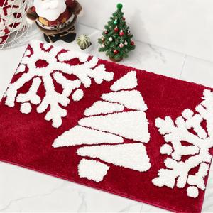 Christmas Decor Bathroom Rugs Red White Snow Bath Mats Non-Slip Bath Rug Absorbent Washable Shower Rug for BathtubIndoor, Kitchen, Toilet Decorations 20"x 32"
