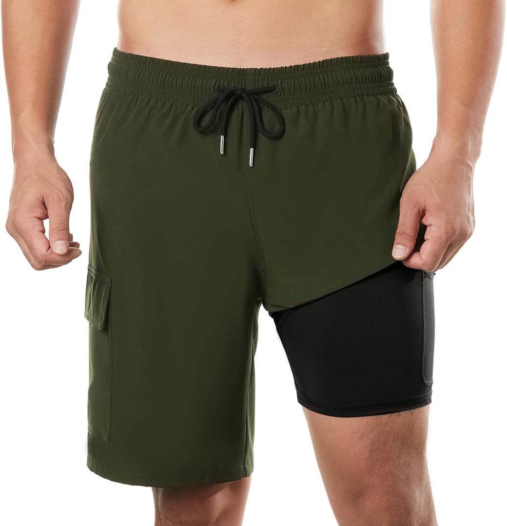 BRISIRA Mens Swim Trunks Bathing Suit 9 Inch Inseam Compression Liner Beach Long Board Shorts Swimsuit Anti-Chafe Quick Dry (Green, XS)