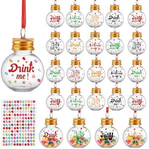 24 Pieces Christmas Booze Balls,4 Styles Fillable Booze Tree Ornaments Clear Plastic Xmas Pendant Hanging Balls with Ribbon and Diamond Sticker for Christmas Party Decoration(50ml)