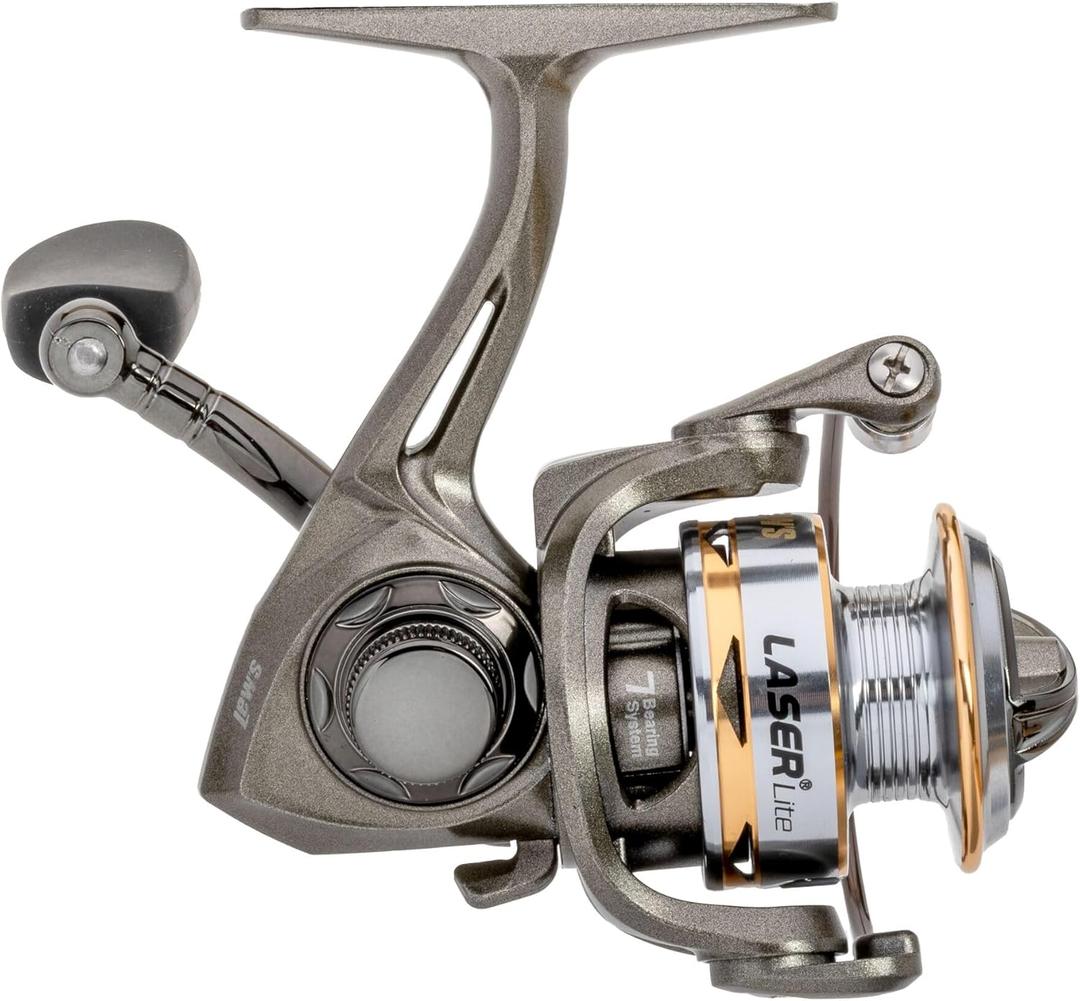 Lews Laser Lite Spinning Fishing Reel, 6+1 Bearings, Graphite Frame and Sideplate, Speed Lube, Multi-Disc Drag, Metallic Gray/Silver/Gold (50)