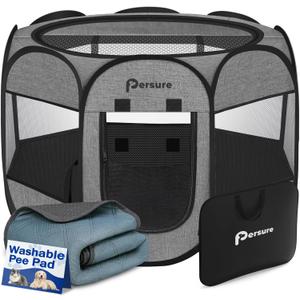 Persure Dog Cat Playpen Indoor Outdoor for Puppy Pet Dogs Cat Recovery After Surgery, Dog Tent Crates Cage Indoor/Outdoor, Portable Pop Up Kennel with Carrying Case for Travel (Premium Grey with Pad, Medium)
