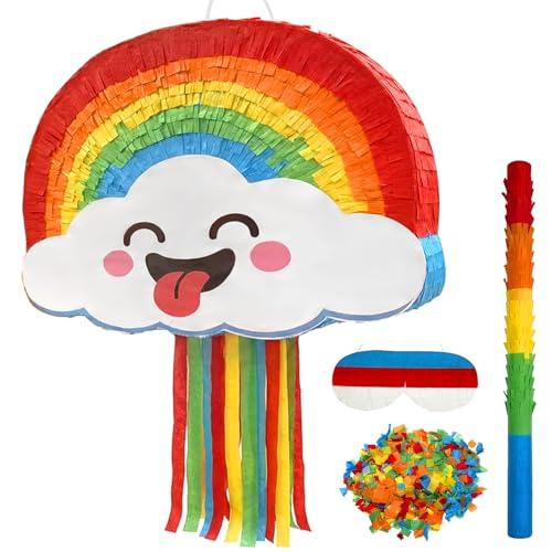 POPCLAP Rainbow Piñata Set for Kids Large Cute Piñatas Bundle with Stick and Blindfold for Boys Girls Birthday Party Celebration Decorations