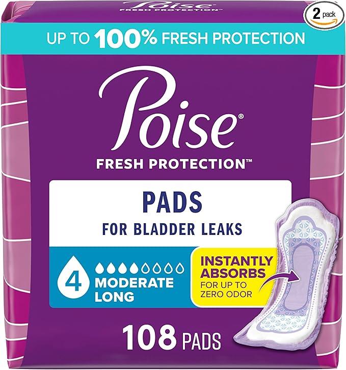 Poise Incontinence & Postpartum Pads for Bladder Leaks, 4 Drop Moderate Absorbency, Long Length, 108 Count