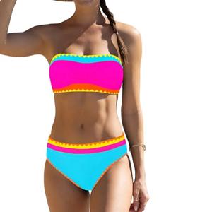 Sexybody Women's Bandeau Bikini Strapless Bikini Neon Color Block Two Piece Whip Stitch Trim Bathing Suits L