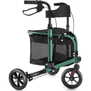 3 Wheel Rollator Walker with Seat for Slim Seniors, Padded Backrest Lightweight Foldable Walker Ideal for Elderly, 8 Inch Tri-Wheel Modern Mobility Walking Aid Aluminum, Green