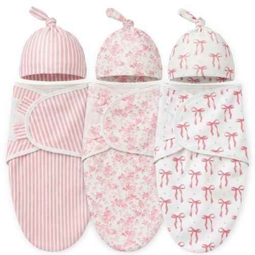 Janmercy 2 Pack Newborn Swaddle Blankets with Matching Hats Soft 100% Cotton Baby Sacks 0-3 Months for Girls Breathable Pink Floral Striped & Bow Print Swaddling Wraps Infant Essentials, S