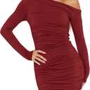 Amkoyam Women's 2025 Sexy Off Shoulder Dress Long Sleeve Bodycon Ruched Formal Cocktail Party Mini Dresses (Red, XS)