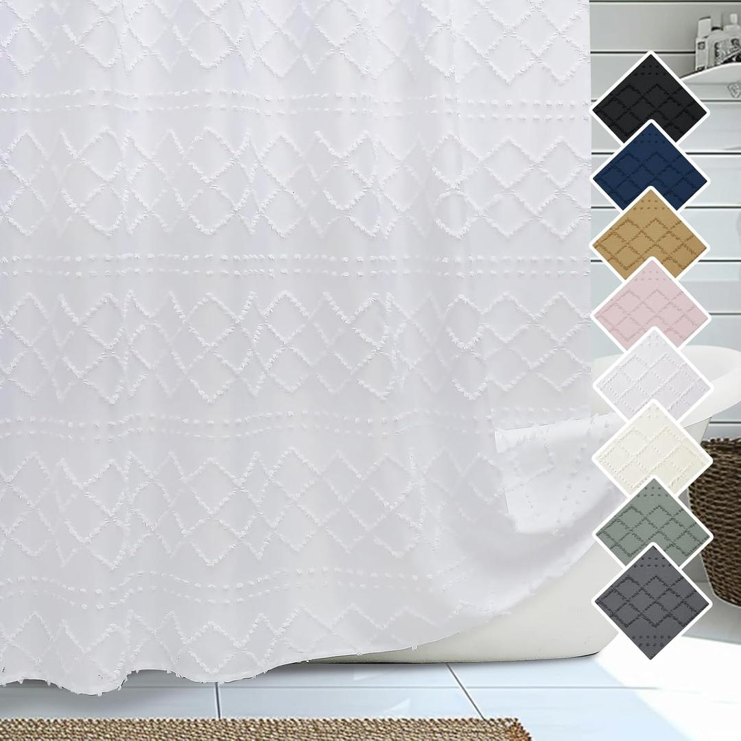 Lecloud White Stall Boho Shower Curtain, Modern Tufted Plaid Striped Narrow Half Size Fabric Shower Curtain, Farmhouse Tufted Textured Shower Curtains for Bathroom, 36" Wx72 L