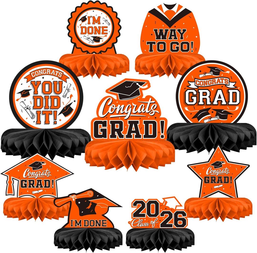 4 x 9PCS Graduation Party Decorations Class of 2026 Congrats Grad Table Centerpiece Congratulate Graduation Honeycomb Table Toppers for Graduation Party Supplies(Orange,Black