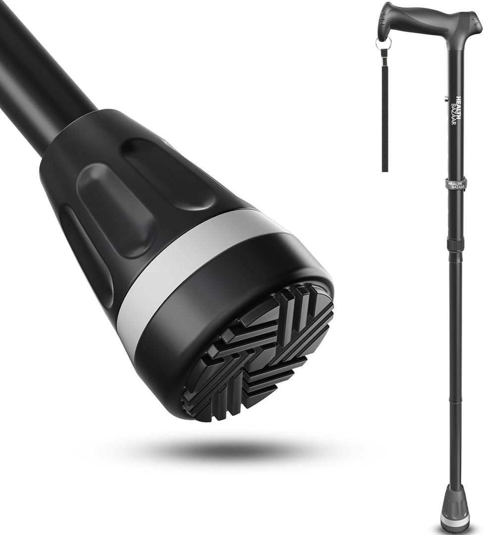 All Terrain Walking Cane for Men & Women, Lightweight, Foldable, Adjustable, Shock Absorption, Collapsible Walking Stick for Seniors & Adults | HealthBazaar (Original Black)