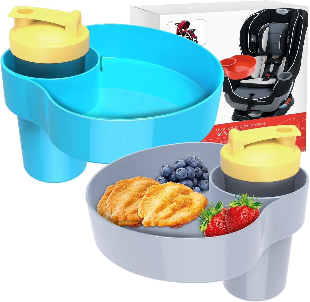 2PCS Car Seat Snack Tray for Kids: Kids Car Tray with Cup Holder, Toddlers Road Trip Essential, Travel Snacks Food Plate for Stroller, Snack Tray with a Cup Holder (Sky Blue&Gray)