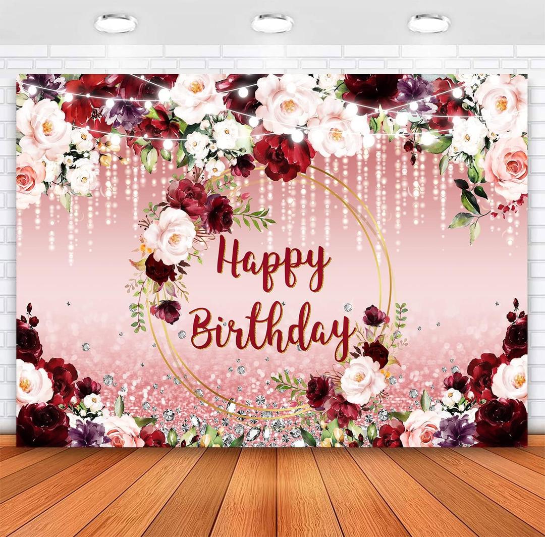 Sensfun Floral Happy Birthday Backdrop Burgundy Flowers Rose Gold Glitter Bokeh Spots Photo Background Vinyl Women Birthday Party Cake Table Decorations Photoshoot Banner (7x5ft)