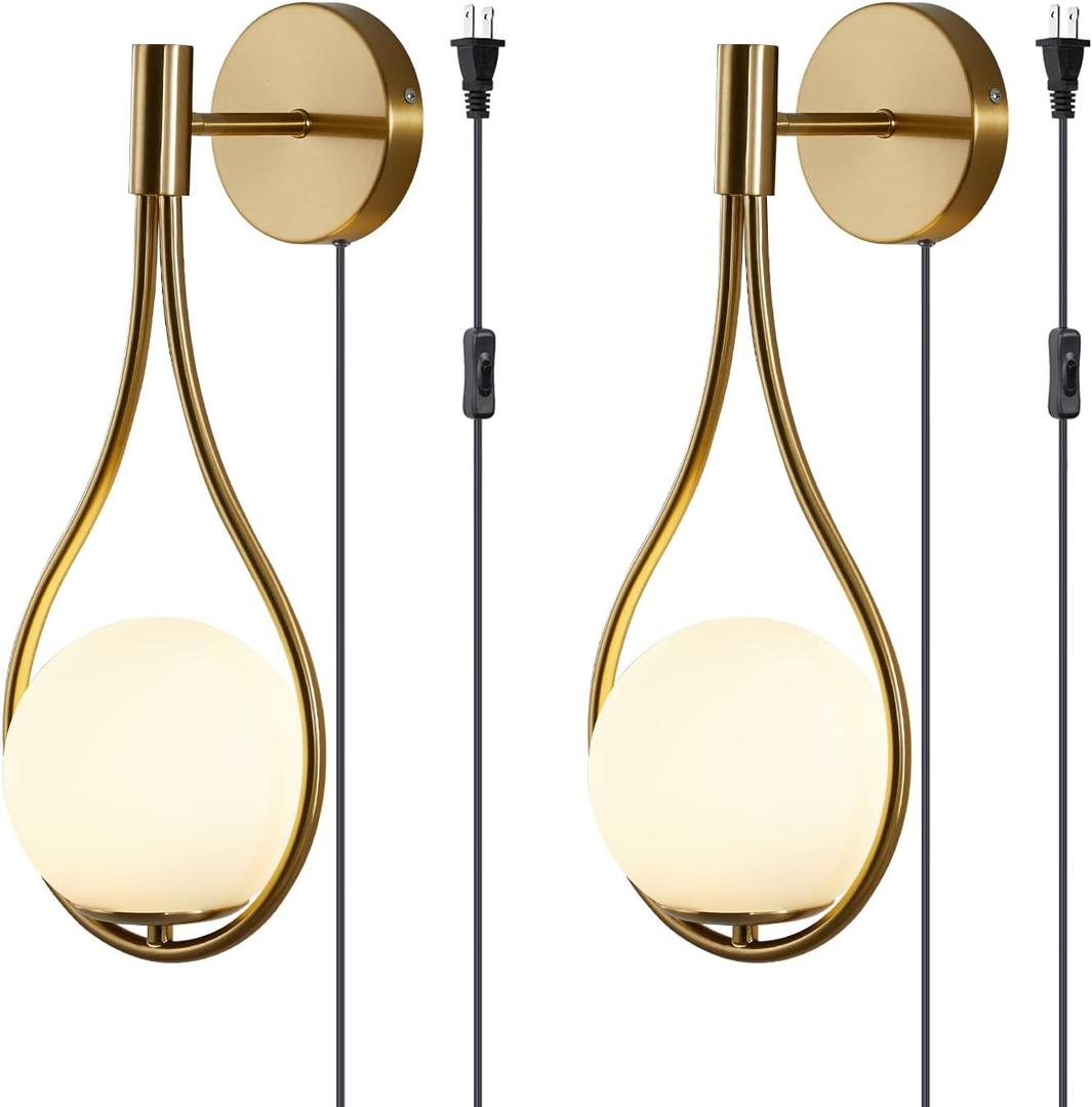 Modo Lighting Glass Ball Wall Sconce Plug in Mid Century Modern Drop Design Wall Light Brushed Brass Gold Wall Lamps for Bedside Living Room (with Plug in 2 Pack) Gold+white-2pc-Plug In